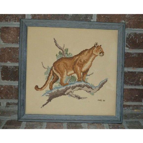 1980s Preworked Cross Stitch Mountain Lion Framed